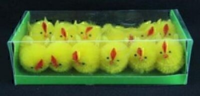 Box of 12 mini yellow chicks by Gisela Graham. Would make a great Easter gift or to use as cake decoration. Each chick 4cm. Box size 18x8x5cm